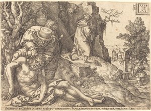 Laupias samarialainen palvelee matkustajaa, 1554. tekijältä Heinrich Aldegrever