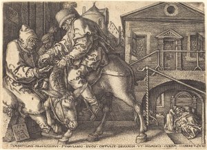 Laupias samarialainen, joka maksaa matkustajan majoituksen, 1554. tekijältä Heinrich Aldegrever