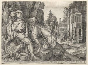 Vertaus laupias samarialainen: laupias samarialainen laittaa matkustajan aasilleen, 1554. tekijältä Heinrich Aldegrever