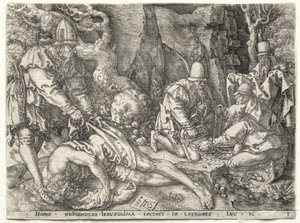 Vertaus laupiaasta samarialaisesta: Ryöstäjät hyökkäävät matkustajia vastaan, 1554. tekijältä Heinrich Aldegrever