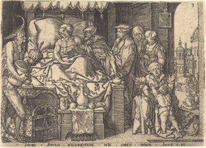Rikas mies kuolinsängyssä, 1554. tekijältä Heinrich Aldegrever