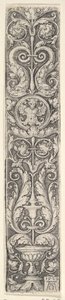 Pystysuuntainen paneeli kynttelikköllä, jossa on kentaurilla varustettu medaljonki ja dolpipari..., 1529. tekijältä Heinrich Aldegrever