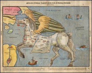 Ca. Heinrich Büntingin vuonna 1581 laatima kuvakartta, jossa Aasiaa kuvataan Pegasuksena.