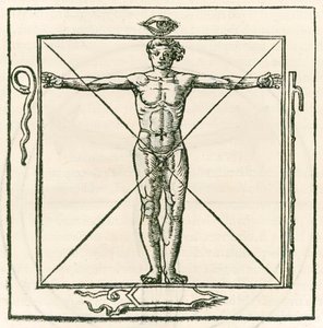 Mies aukiolla, jota ympäröivät silmän, käärmeen, seitsemän osan sauva ja kilpi symbolit. Kaiverrus Heinrich Cornelius Agrippa von Nettesheimilta (1486-1535) De occulta philosophia libri tres (kolme B tekijältä Heinrich Cornelius Agrippa von Nettesheim