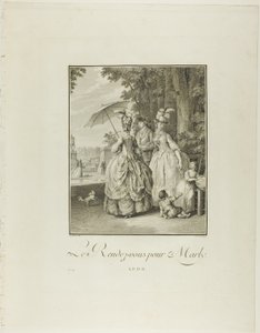 Rendezvous For Marly, teoksesta Monument du Costume Physique et Moral de la fin du Dix-huitième siècle (Monument du Costume Physique et Moral de la fin du Dix-huitième siècle) tekijältä Heinrich Guttenberg