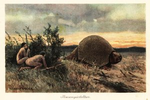 Alkukantaiset miehet keihäineen metsästämässä glyptodonia.