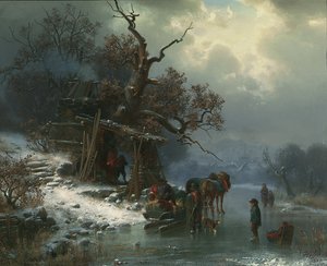 Talvimaisema hahmoineen jäätyneellä joella, 1867 tekijältä Heinrich Hofer