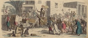 Muinainen egyptiläinen faarao lähdössä sotaan (värinen kaiverrus) tekijältä Heinrich Leutemann