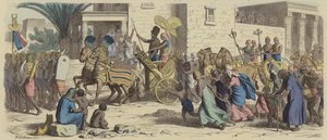 Muinainen egyptiläinen faarao lähdössä sotaan (värinen kaiverrus) tekijältä Heinrich Leutemann