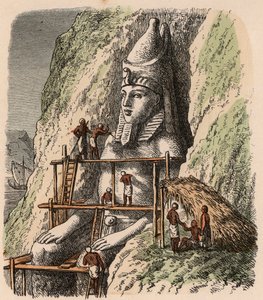 Muinainen Egypti: Abu Simbelin temppelin patsaan veistäminen, 1866 tekijältä Heinrich Leutemann