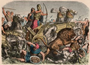 Muinainen Egypti: Farao Ramses II taistelee heettiläisten armeijan sotaleijoneita vastaan Qadeshissa, 1274 eKr., 1866