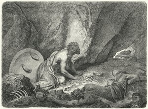 Aristomenes pakenemassa kuopasta, johon spartalaiset olivat heittäneet hänet (kaiverrus) tekijältä Heinrich Leutemann