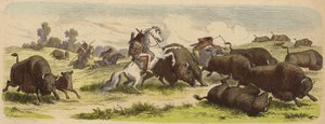 Alkuperäisamerikkalaiset hevosen selässä metsästävät puhvelia (värillinen kaiverrus) tekijältä Heinrich Leutemann