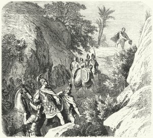 Makedonian Perseus marssilla Thessalian rotkojen läpi (kaiverrus) tekijältä Heinrich Leutemann