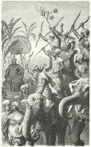Porus, Pauravien kuningas, arvioi sotanorsujaan (kaiverrus) tekijältä Heinrich Leutemann