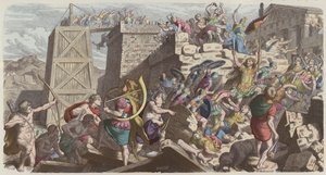 Roomalaiset sotilaat hyökkäämässä kaupunkiin (värillinen kaiverrus) tekijältä Heinrich Leutemann