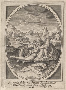 Pari istuu maassa, mies pitelee pikaria ja nojasi..., n. 1585-1621.