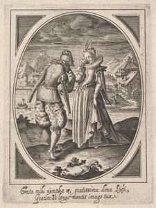 Mies astuu kohti naista, joka pitää pikaria suullaan, vesimyllyä ja telinettä..., n. 1585-1621.