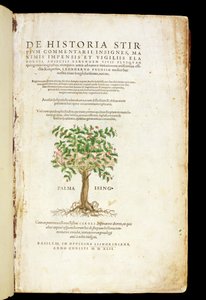 Nimisivu Leonard Fuchsin (1501-66) De Historia Stirpium Commentarii Insignesista, kaiverrus Rodolphe Speckle (k.1550), julkaistu 1542
