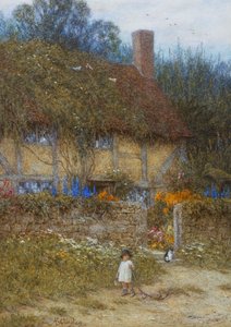 Mökki lähellä Godalmingia, Surreyssa (akvarelli naarmuuntumalla) tekijältä Helen Allingham