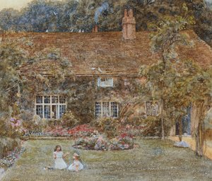 Maalaistalo (akvarelli raapimalla) tekijältä Helen Allingham
