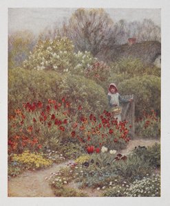 Nainen avaa portin puutarhaan, kuvitus "Happy Englandista", kirjoittanut Robert Huish (väri litho) tekijältä Helen Allingham