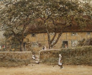 Lapset mökin ulkopuolella (akvarelli raapimalla paperille) tekijältä Helen Allingham