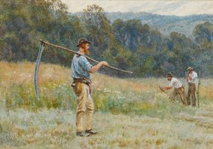 Heinän leikkaaminen Surrey Hillsissä (wc paperille) tekijältä Helen Allingham