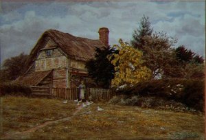 Laburnum Cottage: nainen ruokkii ankkoja (akvarelli) tekijältä Helen Allingham