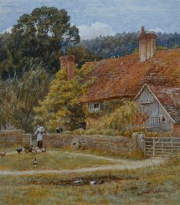 Netley Farm, Shere, Surrey (akvarelli raapimalla) tekijältä Helen Allingham