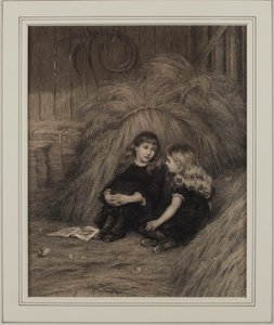 Kaksi tyttöä navetassa (muste paperille) tekijältä Helen Allingham