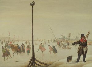 Ankanmetsästäjä ja hänen koiransa talvimaisemassa (paneeli) tekijältä Hendrick Avercamp