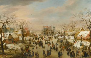 Talvinen panoraamamaisema, jossa on lukuisia hahmoja jäätyneen joen rannalla. tekijältä Hendrick Avercamp