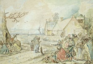 Maisema mustalaisten ennustajien kanssa tekijältä Hendrick Avercamp