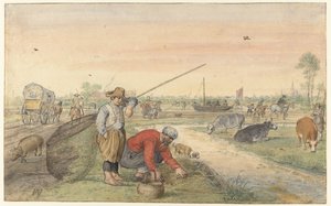 Maisema kahden ankeriaankalastajan kanssa ojan varrella tekijältä Hendrick Avercamp