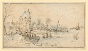 Kylä, vartiotorni ja kirkko järven rannalla tekijältä Hendrick Avercamp