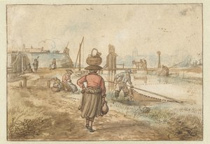Jokimaisema, jossa nainen kantaa koria päässään, kalastajia ja muita hahmoja lähellä kaupungin muureja tekijältä Hendrick Avercamp