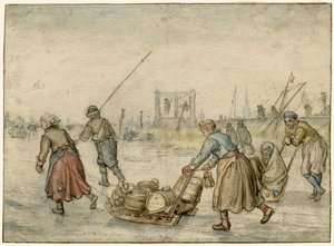 Talvimaisema, jossa kaksi naista ja reki ja muita hahmoja jäällä, hirsi kaukaa tekijältä Hendrick Avercamp