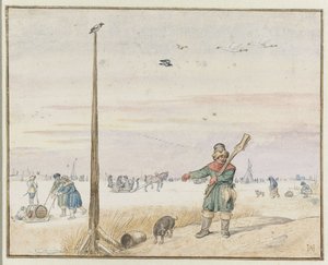 Talvimaisema ankanmetsästäjän kanssa riista vyöllään ja ase olkapäällään jäätyneen joen rannalla tekijältä Hendrick Avercamp
