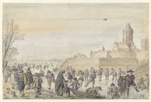 Talvimaisema jäätyllä kanavalla lähellä Kalverhekkenpoortia, Kampen / verso: Luonnoksia hahmoista jäällä tekijältä Hendrick Avercamp