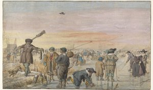 Talvimaisema jäällä, jossa metsästäjä näyttää saukkoa tekijältä Hendrick Avercamp