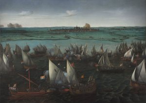 Taistelu hollantilaisten ja espanjalaisten laivojen välillä Haarlemmermeerillä, n. 1629 (öljy kankaalle)