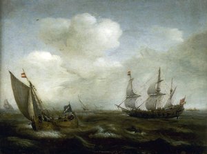 Hollantilainen laiva ja kalastusvene tuulessa tekijältä Hendrick Cornelisz Vroom