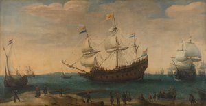 East Indiamen off a Coast, n. 1600-30 (öljy kankaalle) tekijältä Hendrick Cornelisz Vroom