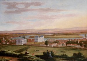 Näkymä Greenwichistä ja kuningattaren talosta kaakosta noin vuonna 1670, kun Old Woolwich Road kulkee kuningattaren talon alta vasemmalla ja kuninkaan uusi talo näkyy oikealla (nykyisin King Charles Court of Justice Building (entinen kuninkaallinen laivast