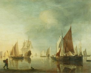 Laivaus ankkurissa offshoressa tyynellä merellä; iltavalo, n. 1650-60 (öljy paneelissa) tekijältä Hendrick Dubbels