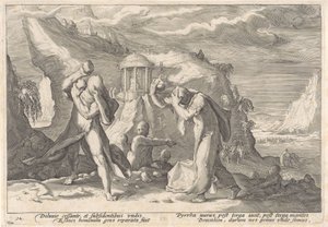 Deucalion ja Pyrrha luovat uuden ihmisrodun Metamorphoses of Ovid (sarjan nimi) tekijältä Hendrick Goltzius (workshop of)