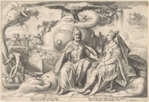 Jupiterin ja Junon välinen keskustelu Metamorphoses of Ovid (sarjan nimi) tekijältä Hendrick Goltzius (workshop of)