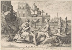 Juno lähestyy Semeleä Beroen varjossa Metamorphoses of Ovid (sarjan nimi) tekijältä Hendrick Goltzius (workshop of)