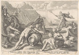 Neptunus käskee jokien jumalia aiheuttamaan tulvan Metamorphoses of Ovid (sarjan nimi) tekijältä Hendrick Goltzius (workshop of)